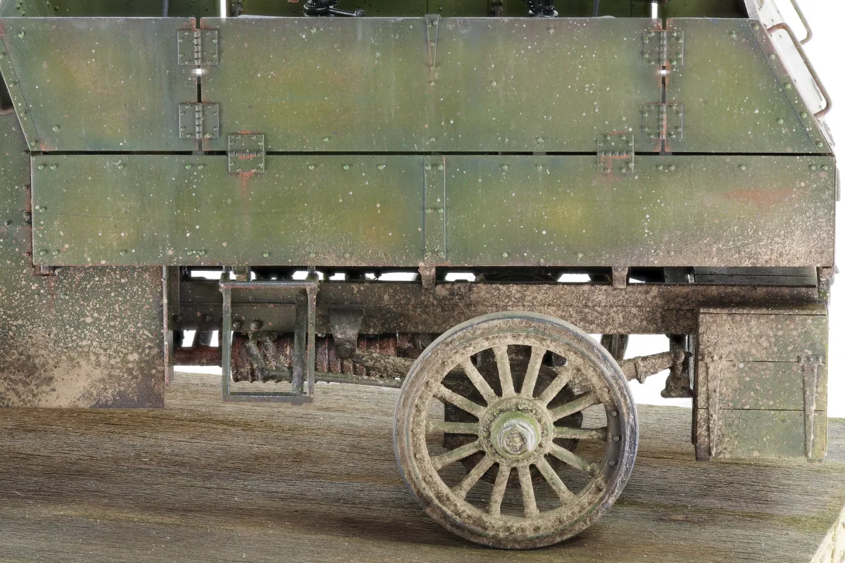 Close-up of scale model weathering using speckled pigments