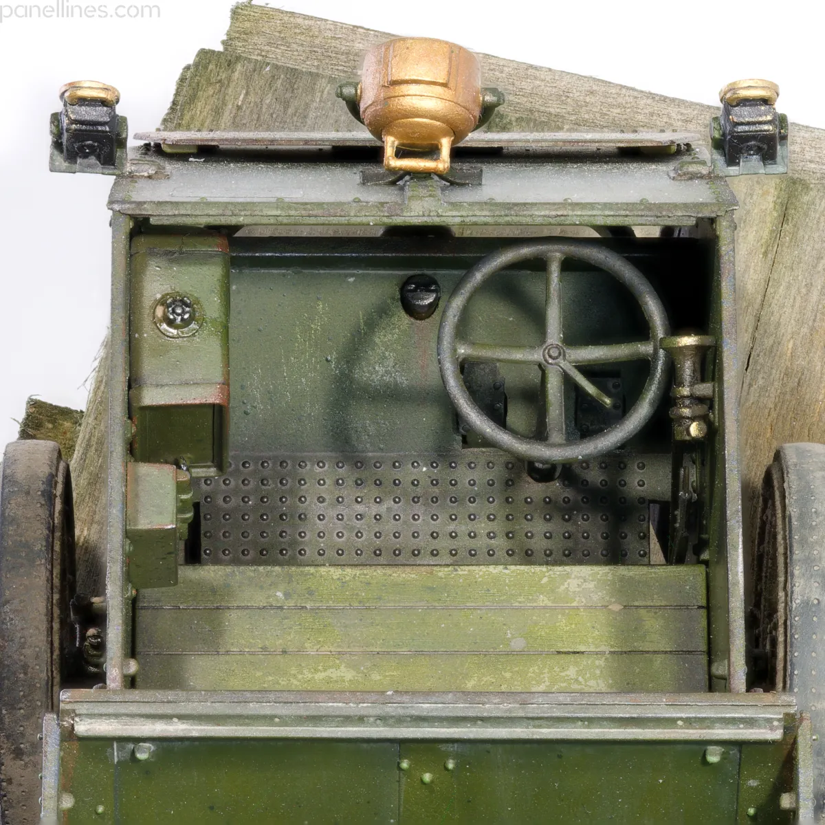 CSM MG Carrier model, close-up of driver's cab showing weathered wood