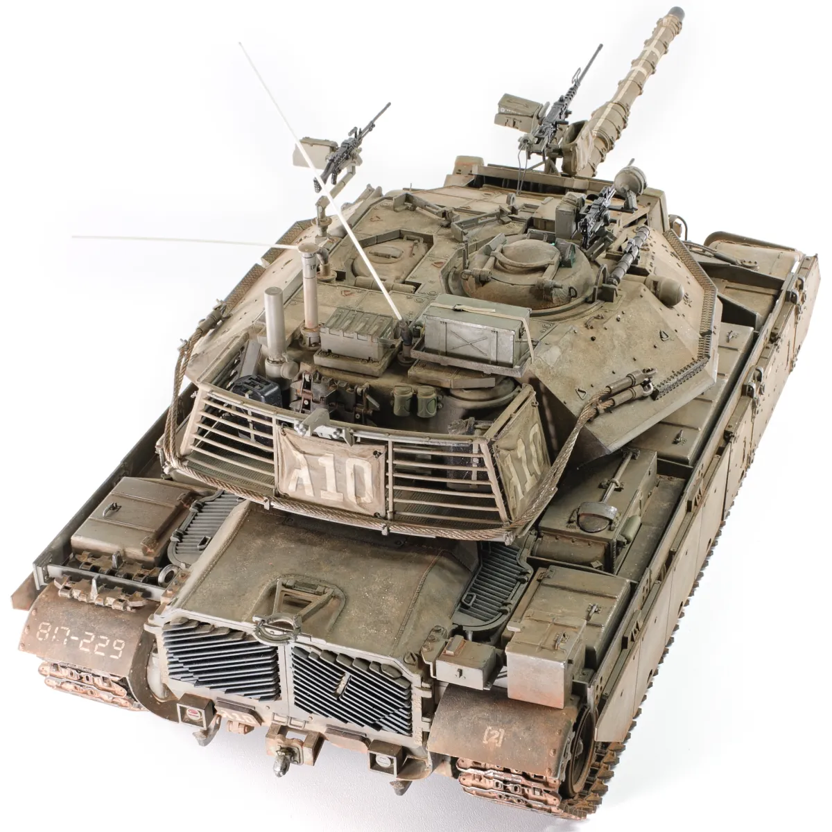 Meng Magach 6B model, rear view from above, showing the dirty engine deck weathering