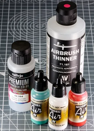 Vallejo Model Air paint bottles and gloss varnish