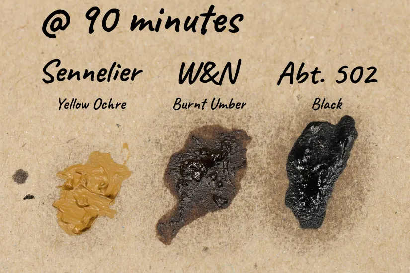 Oil paint samples on cardboard after 90 minutes