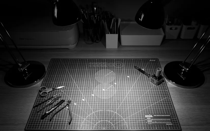 A model maker's desk with tools