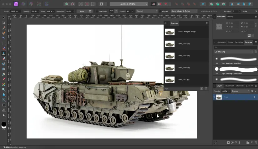 Screen shot of Affinity Photo with a focus stacked merge