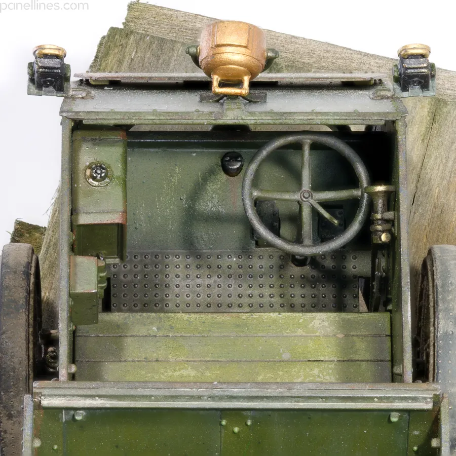 CSM MG Carrier model, close-up of driver's cab showing weathered wood