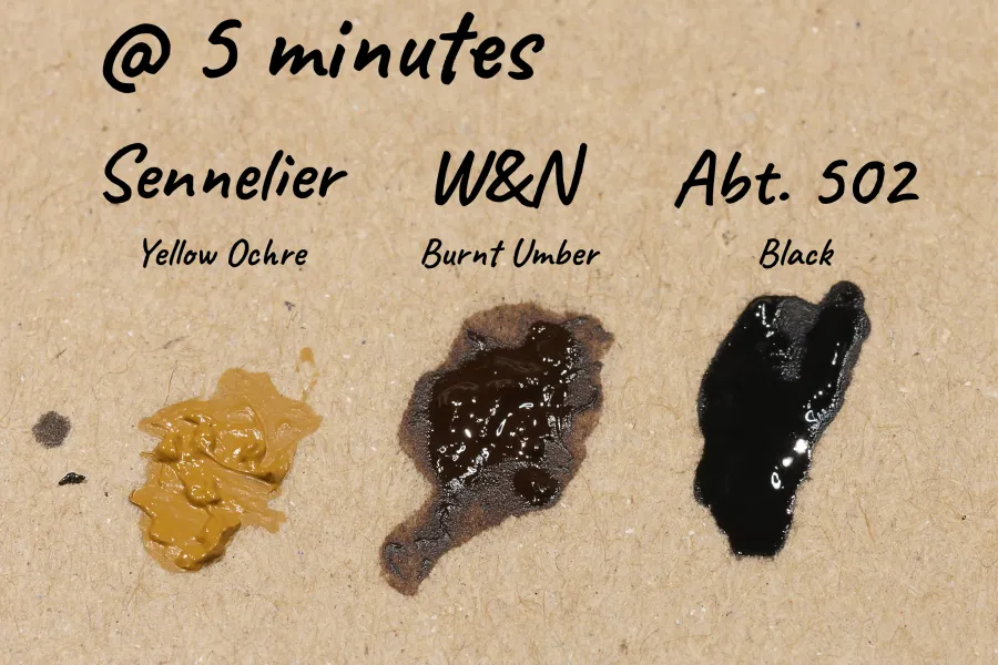 Oil paint samples on cardboard after five minutes
