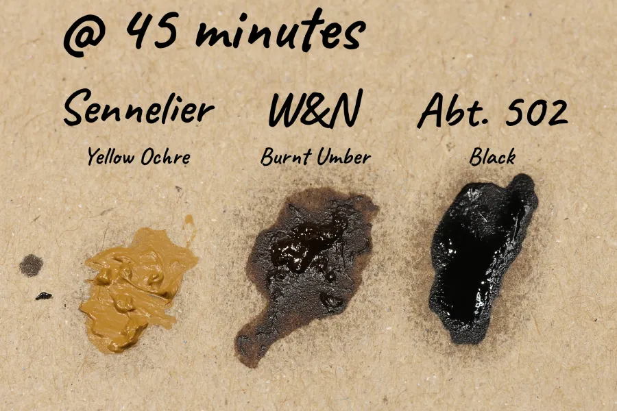 Oil paint samples on cardboard after 45 minutes