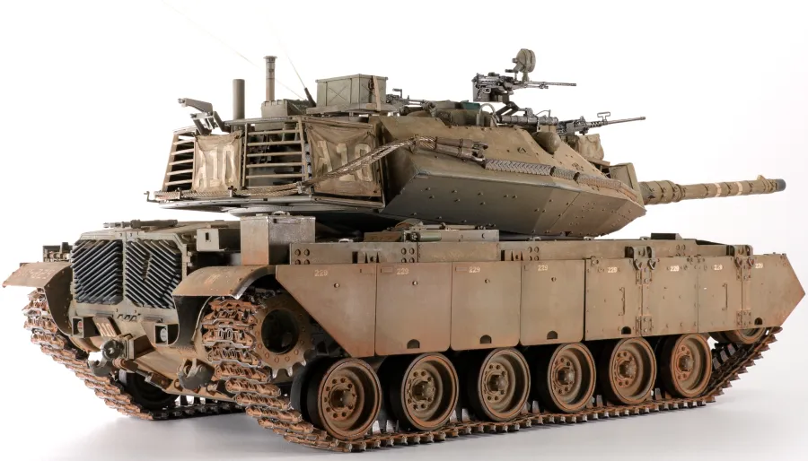 Meng Magach 6B model, right side view showing dusty armour panels and wheels