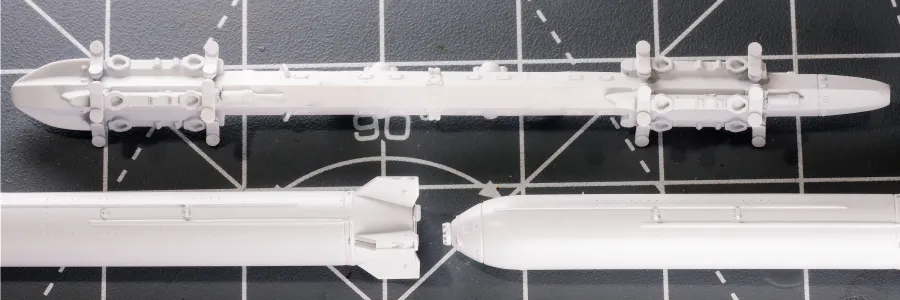 Eduard's Multiple Ejector Rack with lengthening shims, aligned with two Rockeye bombs