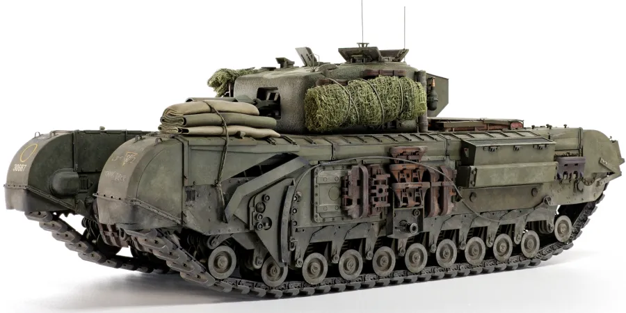 AFV Club Churchill AVRE left front view, showing appliqué track-link armour