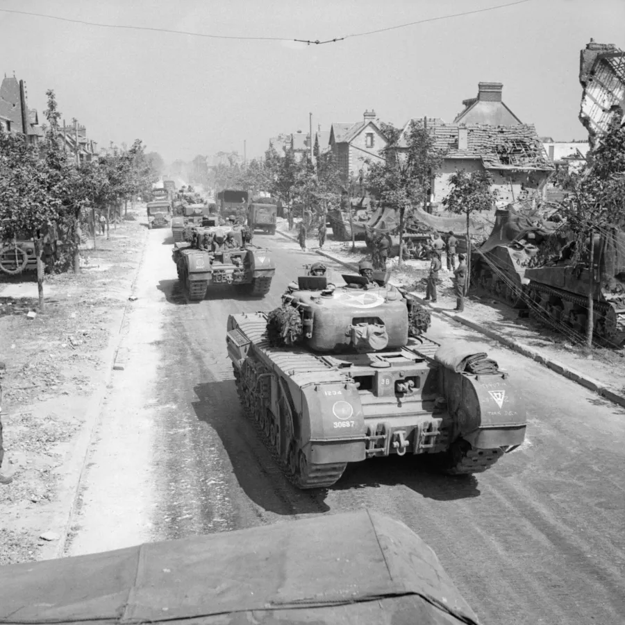 Reference photo of Churchill AVREs (6th Assault Regiment, 1st Assault Brigade) in Vaucelle, France, Aug 1944