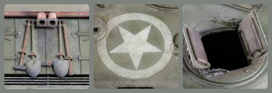 Three close-ups showing Oil Paint Rendering (OPR) on a scale model tank