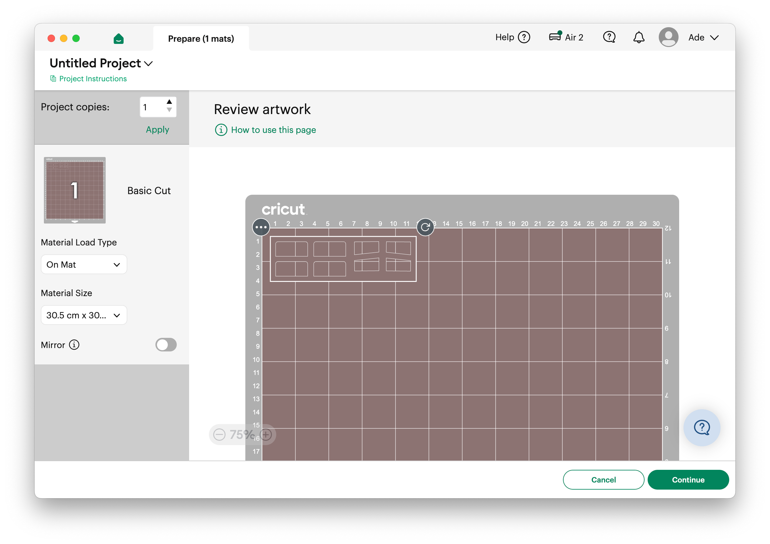 The 'prepare mat' screen in Cricut Design Space