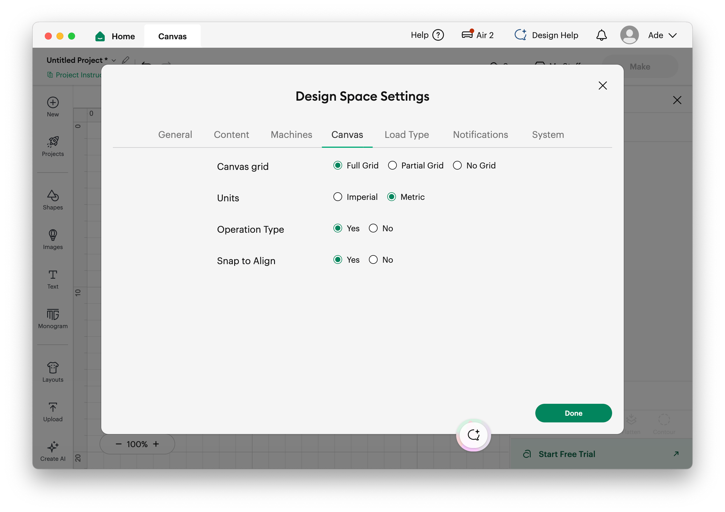 Cricut Design Space settings window