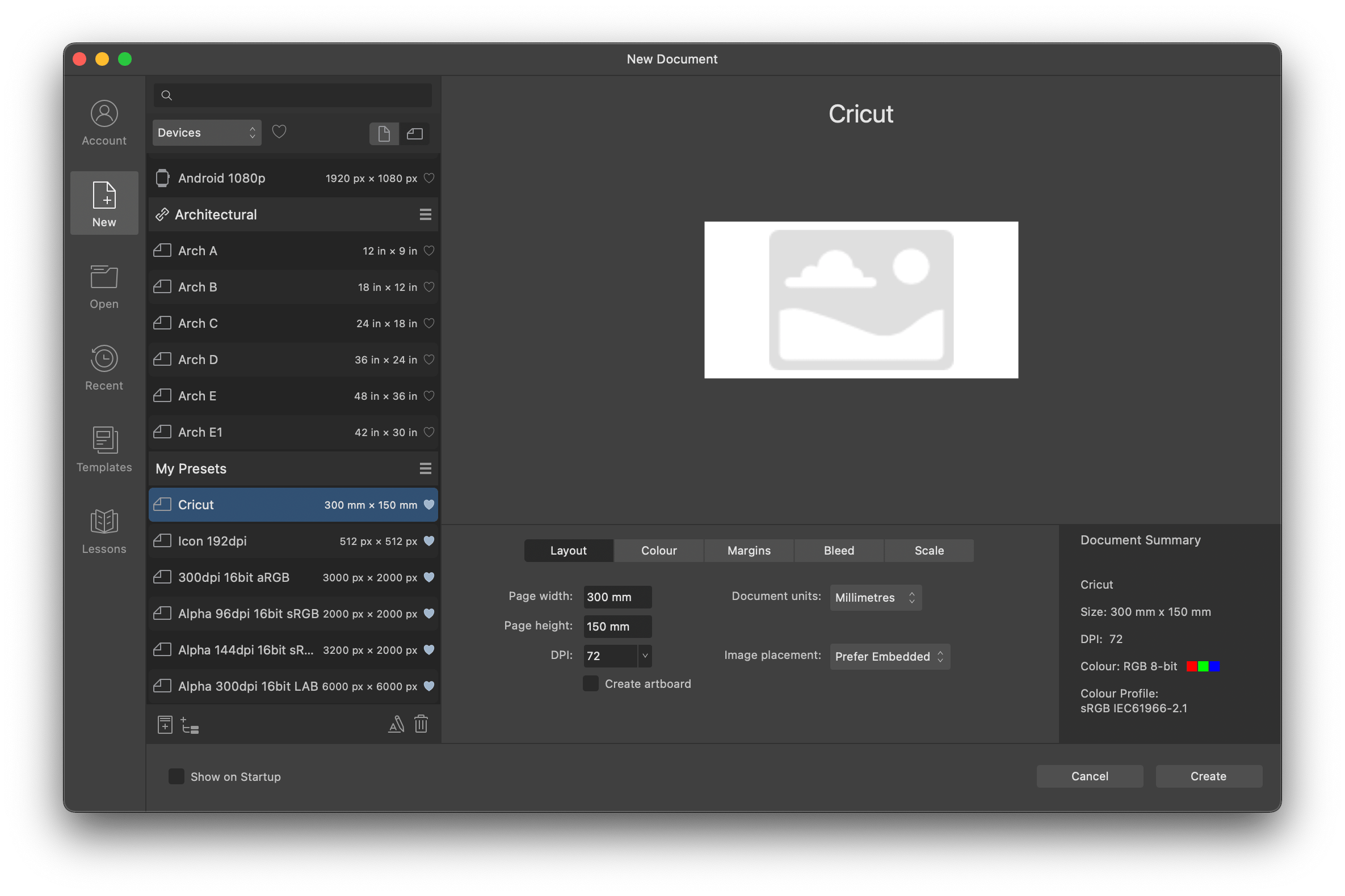 Document preset for Cricut export in Affinity