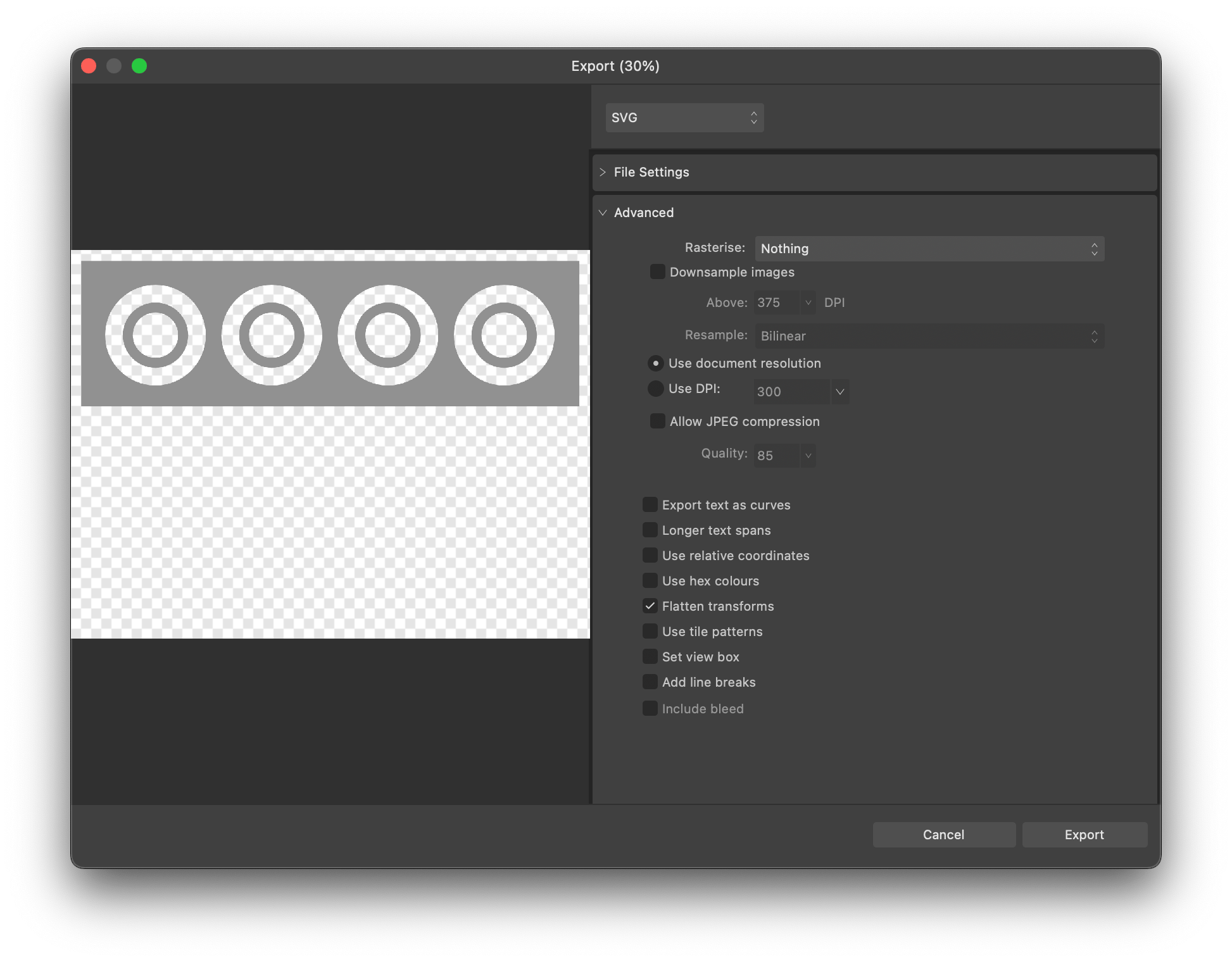 Affinity export window showing SVG settings